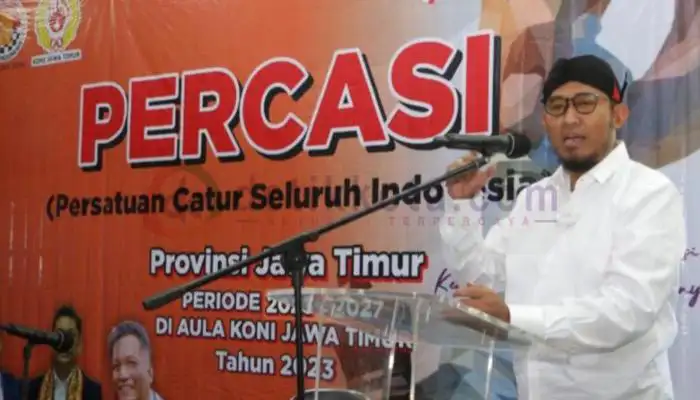 Bupati Sumenep, Achmad Fauzi memberikan sambutan usai terpilih sebagai Ketua Percasi Jawa Timur.