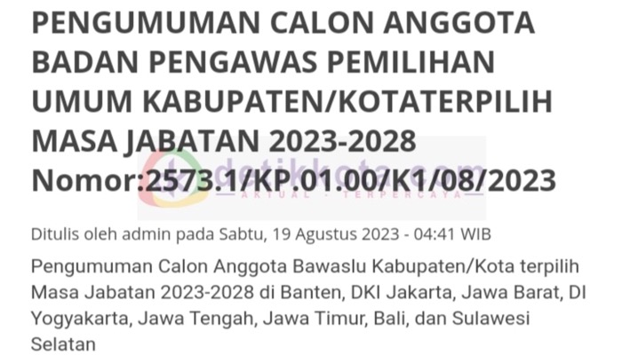 Tangkapan layar Pengumuman Calon Anggota Bawaslu Terpilih Masa Jabatan 2023-2028.
