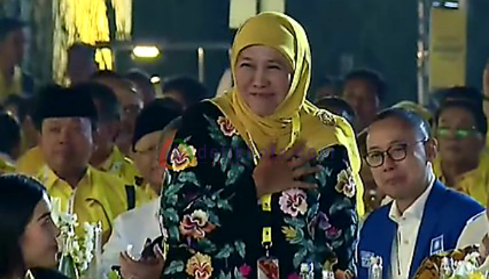 Gubernur Jawa Timur, Khofifah Indar Parawansa hadiri acara HUT ke-59 Partai Golkar di Slipi, Jakarta Barat.