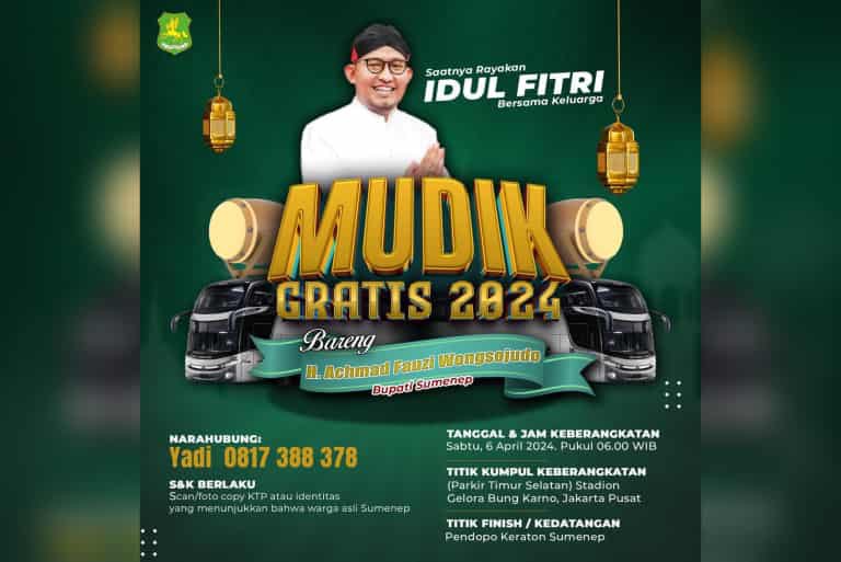Flayer mudik gratis tahun 2024 bareng Bupati Sumenep H. Achmad Fauzi Wongsojudo, bertajuk saatnya rayakan Idul Fitri bersama keluarga.
Foto: Flayer mudik gratis tahun 2024 bareng Bupati Sumenep H. Achmad Fauzi Wongsojudo, bertajuk saatnya rayakan Idul Fitri bersama keluarga.