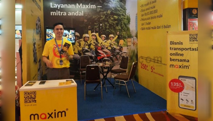 Maxim saat ikut memeriahkan Pameran Info Franchise and Business Concept 2024 yang berlangsung di Gedung ICBC Center, Surabaya, Jawa Timur. 