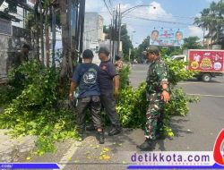 Babinsa Kemlayan Bersama Petugas Kebersihan, Linmas Kerja Bakti Pangkas Ranting Pohon