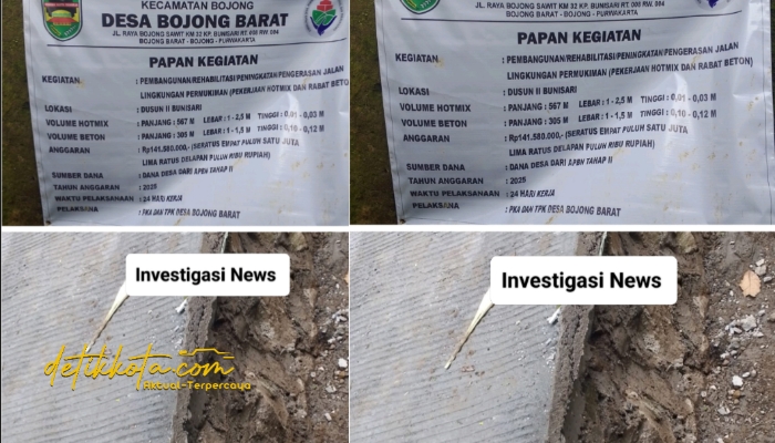 Kondisi jalan rabat beton di Dusun II Bunisari, Desa Bojong Barat, Kecamatan Bojong, Kabupaten Purwakarta, yang diduga dikerjakan tidak sesuai standar teknis.