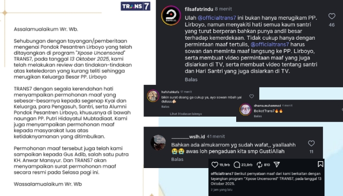 Unggahan akun resmi @officialtrans7 di Instagram yang menyampaikan permohonan maaf atas tayangan program “Xpose Uncensored” terkait Pondok Pesantren Lirboyo, Selasa (14/10/2025).