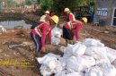 Petugas BPBD Surabaya melakukan simulasi penanganan pohon tumbang dan genangan air di beberapa titik kota, Minggu (26/10/2025).