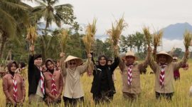 Bupati Banyuwangi Ipuk Fiestiandani bersama jajaran Forkopimda meninjau area panen padi di Banyuwangi.