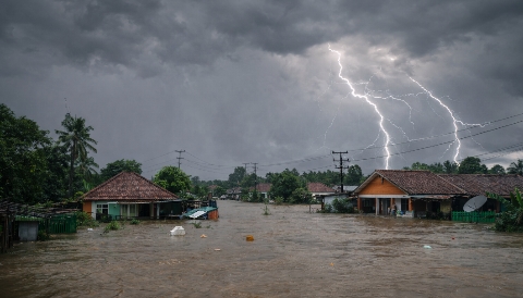 Ilustrasi banjir di wilayah Kabupaten Sumenep, Jawa Timur. BMKG mengingatkan potensi hujan petir dan cuaca ekstrem di sejumlah daerah di Pulau Madura.