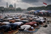 Ilustrasi pelaksanaan salat Idulfitri di ruang terbuka saat cuaca berawan dan berpotensi hujan.