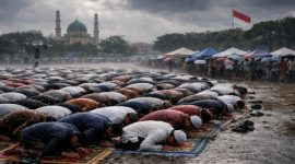 Ilustrasi pelaksanaan salat Idulfitri di ruang terbuka saat cuaca berawan dan berpotensi hujan.