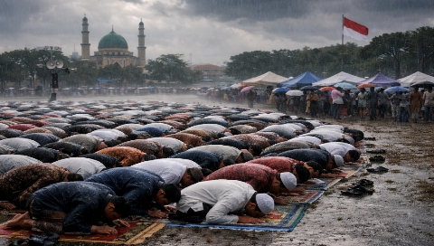 Ilustrasi pelaksanaan salat Idulfitri di ruang terbuka saat cuaca berawan dan berpotensi hujan.