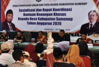Kegiatan sosialisasi program Bantuan Keuangan Khusus (BKK) Desa Tahun Anggaran 2026 oleh Dinas PUTR Kabupaten Sumenep yang diikuti perwakilan pemerintah desa serta menghadirkan Kejaksaan Negeri Sumenep.