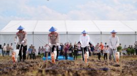 Bupati Pasuruan Rusdi Sutejo bersama Kapolda Jawa Timur Irjen Pol Nanang Avianto dan Forkopimda menanam jagung secara simbolis dalam Gerakan Tanam Raya Nasional Kuartal I 2026 di Desa Tampung, Kecamatan Rembang, Sabtu (7/3/2026).