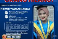 Poster pengumuman orang hilang yang dirilis Polres Sumenep terkait pencarian Yadan Nabila, warga Desa Gapura Timur, Kecamatan Gapura, Kabupaten Sumenep.