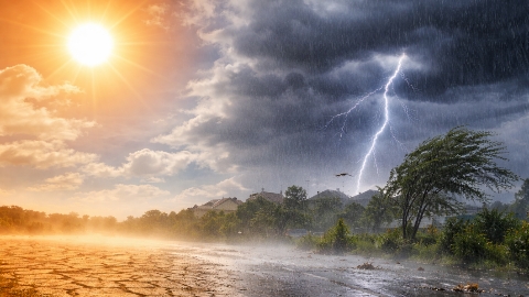 Ilustrasi cuaca ekstrem saat masa pancaroba yang ditandai perubahan cuaca cepat dari panas terik menjadi hujan lebat disertai angin kencang.