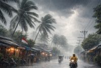 Ilustrasi hujan lebat disertai angin kencang yang berpotensi melanda sejumlah wilayah di Indonesia berdasarkan prakiraan BMKG.