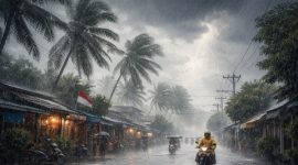 Ilustrasi hujan lebat disertai angin kencang yang berpotensi melanda sejumlah wilayah di Indonesia berdasarkan prakiraan BMKG.