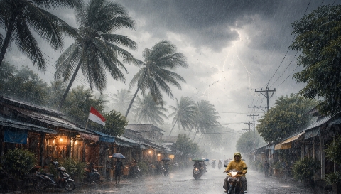 Ilustrasi hujan lebat disertai angin kencang yang berpotensi melanda sejumlah wilayah di Indonesia berdasarkan prakiraan BMKG.