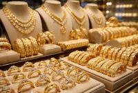Ilustrasi perhiasan emas di etalase toko. Harga emas perhiasan pada 24 Maret 2026 bervariasi tergantung kadar karat dan penyedia.