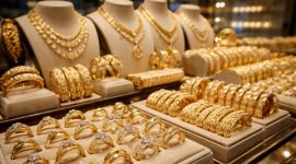 Ilustrasi perhiasan emas di etalase toko. Harga emas perhiasan pada 24 Maret 2026 bervariasi tergantung kadar karat dan penyedia.
