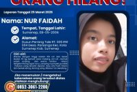 Poster orang hilang yang dirilis Humas Polres Sumenep terkait pencarian Nur Faidah, warga Desa Parsanga, Kabupaten Sumenep.