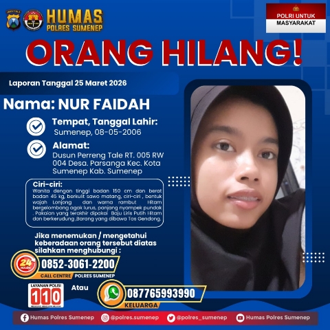 Poster orang hilang yang dirilis Humas Polres Sumenep terkait pencarian Nur Faidah, warga Desa Parsanga, Kabupaten Sumenep.