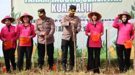 Kapolres Sumenep AKBP Anang Hardiyanto bersama Bhayangkari dan pejabat utama saat melakukan penanaman jagung serentak di Desa Paberasan, Kamis (9/4/2026).
