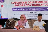 Kegiatan sosialisasi dan pembentukan Satgas Perlindungan Perempuan dan Anak (PPA) di Desa Campor Barat, Kecamatan Ambunten, yang melibatkan pemerintah desa dan Dinsos P3A Sumenep, Rabu (15/04/2026).