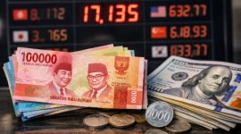 Ilustrasi uang rupiah dan dolar AS di tempat penukaran valuta asing, seiring pelemahan nilai tukar rupiah terhadap dolar AS pada perdagangan April 2026.