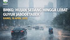 Ilustrasi hujan mengguyur wilayah Jakarta, seiring peringatan BMKG terkait potensi hujan sedang hingga lebat di Jabodetabek, Kamis (16/4/2026).