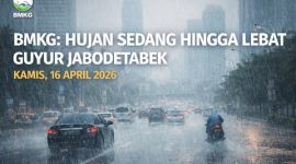 Ilustrasi hujan mengguyur wilayah Jakarta, seiring peringatan BMKG terkait potensi hujan sedang hingga lebat di Jabodetabek, Kamis (16/4/2026).