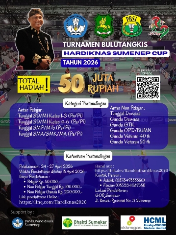 Poster resmi Turnamen Bulutangkis Hardiknas Sumenep Cup 2026 dengan total hadiah Rp50 juta yang akan digelar di GOR Sumekar.