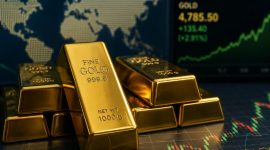 Ilustrasi emas batangan yang mencerminkan fluktuasi harga di pasar global.