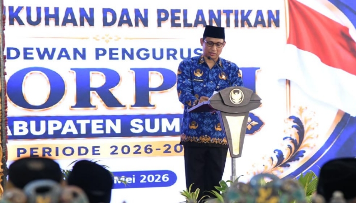 Sekretaris Daerah Kabupaten Sumenep Agus Dwi Saputra saat menghadiri pengukuhan Dewan Pengurus KORPRI Kabupaten Sumenep di Pendopo Agung Keraton, Selasa (12/5/2026).
