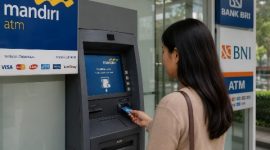 Ilustrasi nasabah melakukan transaksi di mesin ATM salah satu bank nasional di Jakarta.