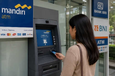 Ilustrasi nasabah melakukan transaksi di mesin ATM salah satu bank nasional di Jakarta.