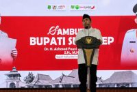 Bupati Sumenep Achmad Fauzi Wongsojudo menyampaikan sambutan dalam kegiatan Doa untuk Sang Proklamator di Pendopo Agung Keraton Sumenep, Selasa (2/6/2026). 