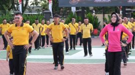 Polresta Sumenep saat olahraga bersama dalam rangka memperingati Hari Ulang Tahun (HUT) ke-81 Kemerdekaan Republik Indonesia, Sabtu (15/8/2026).