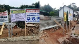 Pengumuman proyek resmi dari Dinas Pendidikan Wilayah IV Provinsi Jawa Barat dan poster imbauan penggunaan Alat Pelindung Diri (APD).