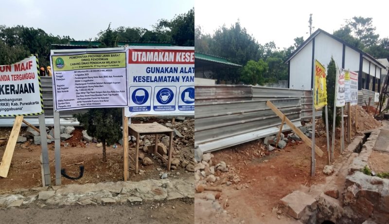 Pengumuman proyek resmi dari Dinas Pendidikan Wilayah IV Provinsi Jawa Barat dan poster imbauan penggunaan Alat Pelindung Diri (APD).