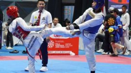 Salah satu aksi yang dilakukan oleh atlet taekwondo Kabupaten Probolinggo dalam Kejurprov Taekwondo Indonesia Piala Gubernur Jawa Timur Antar Pelajar 2026. (Foto : TI)
