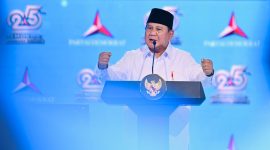 Presiden Prabowo Subianto menyampaikan sambutannya pada Puncak Peringatan Hari Ulang Tahun ke-25 Partai Demokrat yang digelar di Indonesia Arena, Jakarta, pada Rabu, 9 September 2026. Foto: BPMI Setpres/Laily Rachev