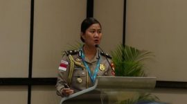 Kompol Riza Sativa, membawakan materi bertajuk “Trafficking Case Study Involving a ‘Mail Ordered Bride’”, di International Association of Women Police (IAWP) Annual Training Conference 2026 di Bali.
